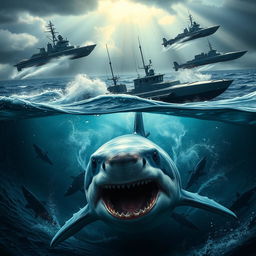 A captivating scene titled 'Sink or Swim', featuring a formidable shark swimming beneath the surface of a turbulent ocean, while above, powerful military boats and submarines glide through the choppy waters