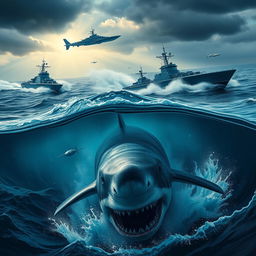 A captivating scene titled 'Sink or Swim', featuring a formidable shark swimming beneath the surface of a turbulent ocean, while above, powerful military boats and submarines glide through the choppy waters
