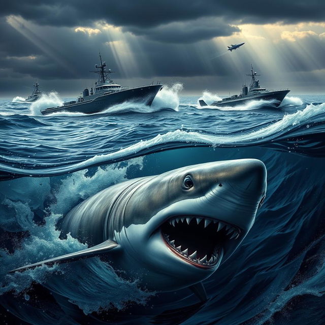 A captivating scene titled 'Sink or Swim', featuring a formidable shark swimming beneath the surface of a turbulent ocean, while above, powerful military boats and submarines glide through the choppy waters