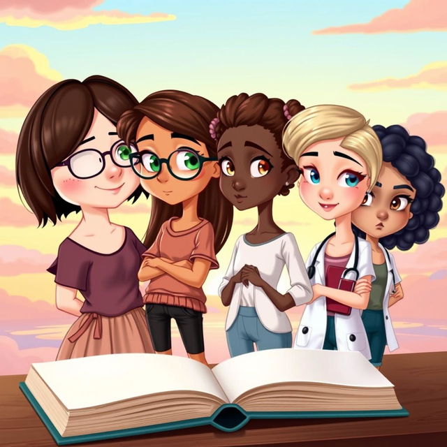 A captivating book cover featuring four young female characters designed in an adorable 2D Disney style