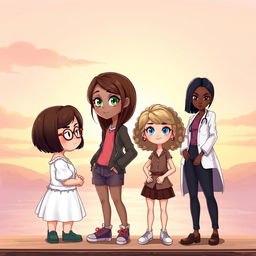 A captivating book cover featuring four young female characters designed in an adorable 2D Disney style
