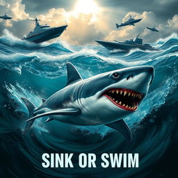 An exhilarating scene titled 'Sink or Swim', showcasing a fierce shark swimming in the depths of a tumultuous ocean, surrounded by sleek military boats and submarines on the surface