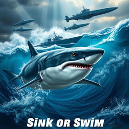 An exhilarating scene titled 'Sink or Swim', showcasing a fierce shark swimming in the depths of a tumultuous ocean, surrounded by sleek military boats and submarines on the surface