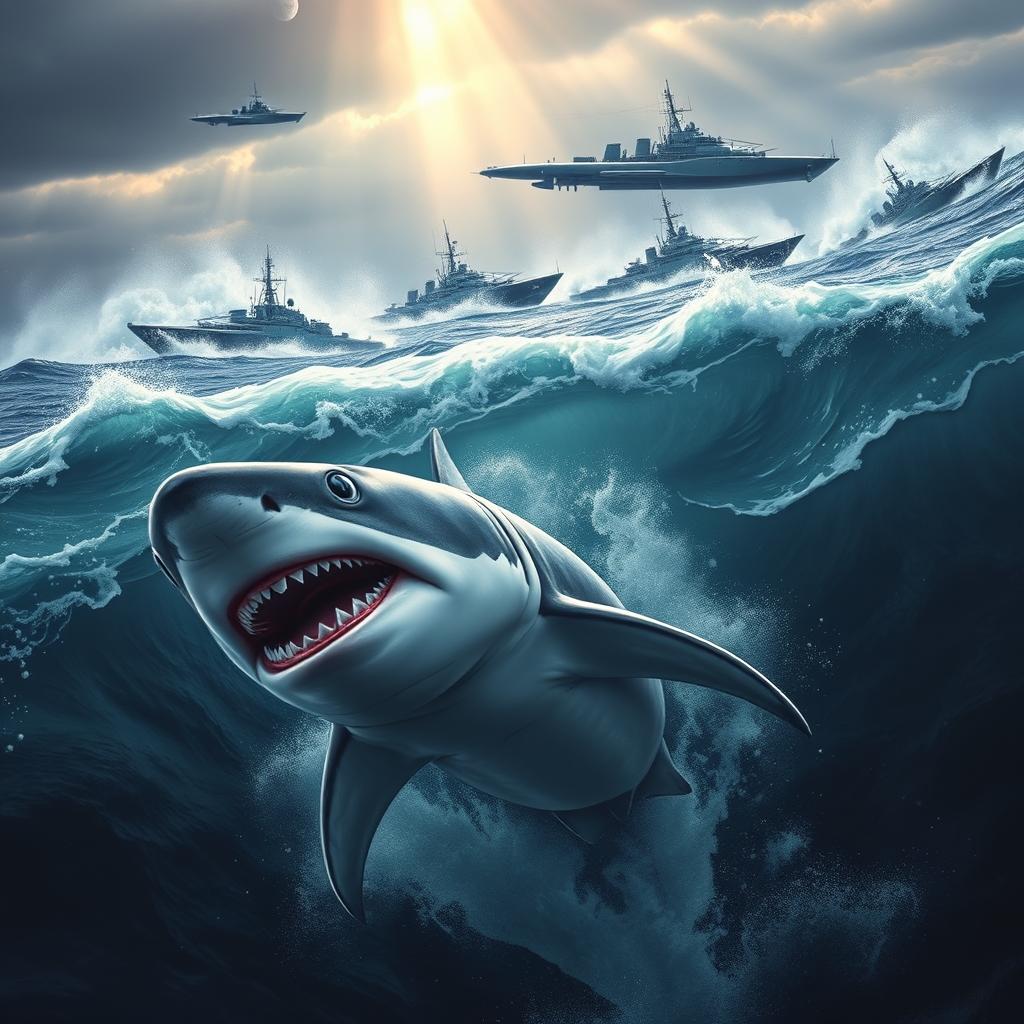 An exhilarating scene titled 'Sink or Swim', showcasing a fierce shark swimming in the depths of a tumultuous ocean, surrounded by sleek military boats and submarines on the surface