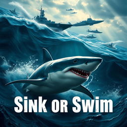 An exhilarating scene titled 'Sink or Swim', showcasing a fierce shark swimming in the depths of a tumultuous ocean, surrounded by sleek military boats and submarines on the surface