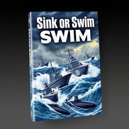 A striking book cover titled 'Sink or Swim', featuring a dramatic illustration of military boats and submarines navigating through turbulent ocean waters