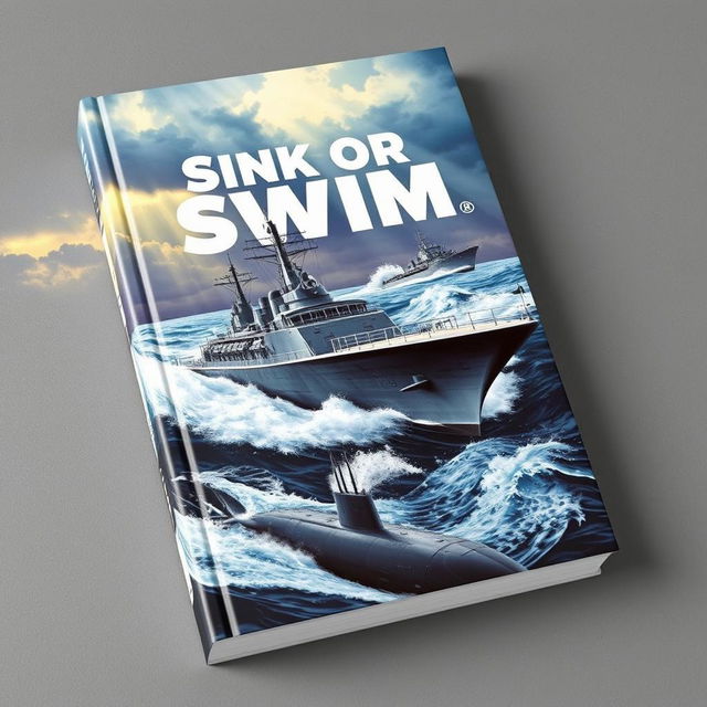 A striking book cover titled 'Sink or Swim', featuring a dramatic illustration of military boats and submarines navigating through turbulent ocean waters