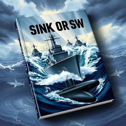 A striking book cover titled 'Sink or Swim', featuring a dramatic illustration of military boats and submarines navigating through turbulent ocean waters