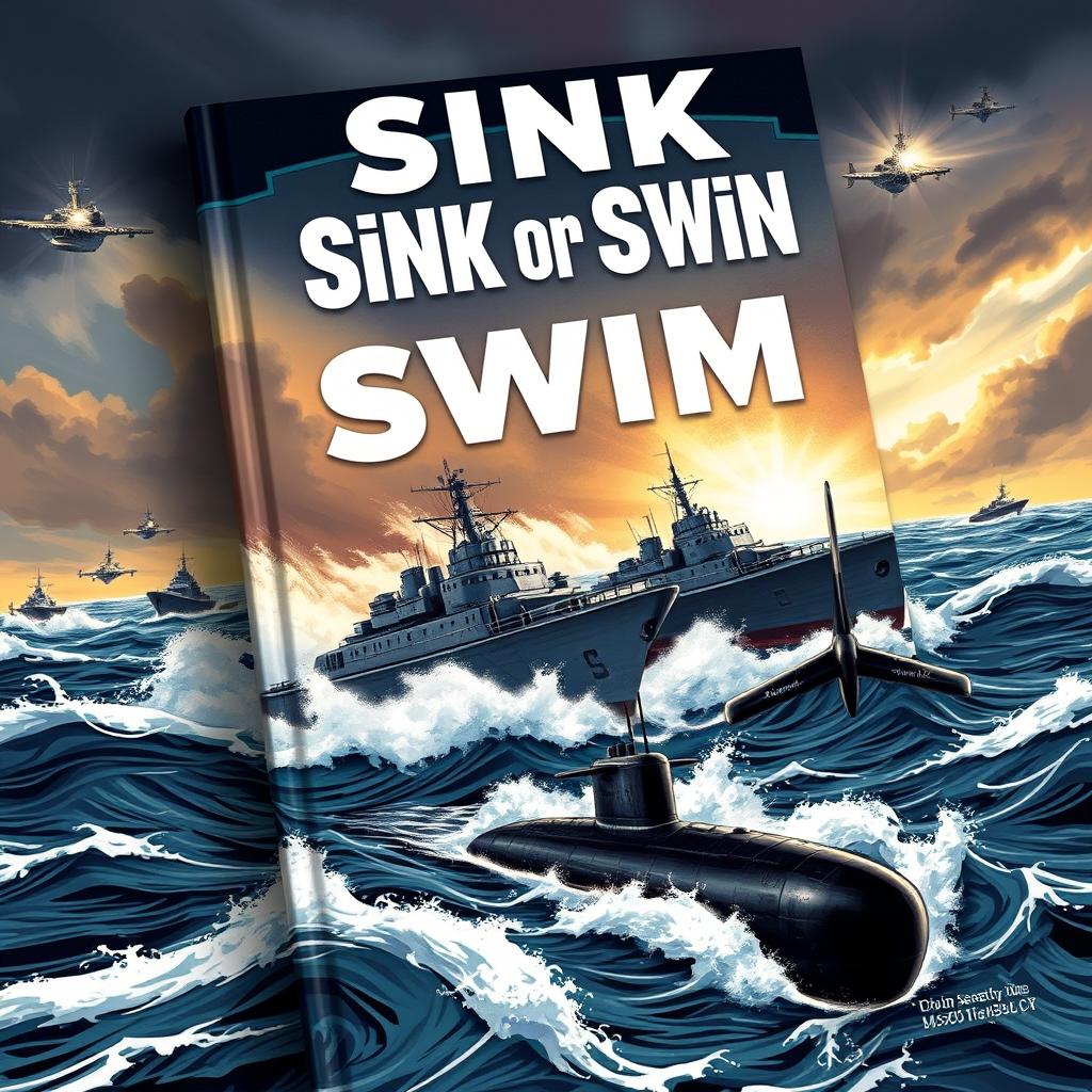 A striking book cover titled 'Sink or Swim', featuring a dramatic illustration of military boats and submarines navigating through turbulent ocean waters