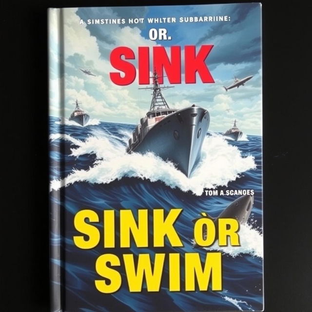 A captivating book cover titled 'Sink or Swim', featuring an intense depiction of military boats and submarines navigating through a choppy ocean