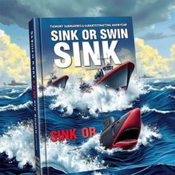 A captivating book cover titled 'Sink or Swim', featuring an intense depiction of military boats and submarines navigating through a choppy ocean