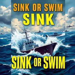 A captivating book cover titled 'Sink or Swim', featuring an intense depiction of military boats and submarines navigating through a choppy ocean