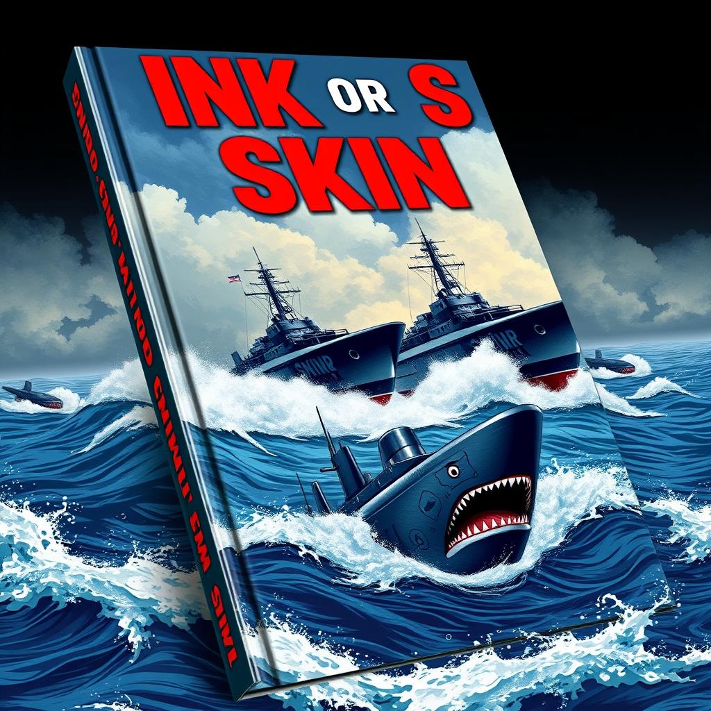 A captivating book cover titled 'Sink or Swim', featuring an intense depiction of military boats and submarines navigating through a choppy ocean