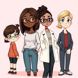 A whimsical tic-style book cover featuring four young female characters, designed in an adorable 2D style with cute features