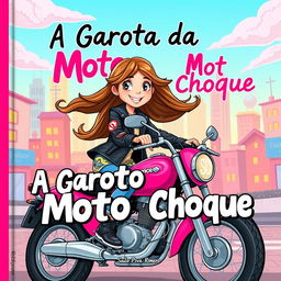 Illustration for a children's book cover titled 'A Garota da Moto Rosa Choque' by Saulo Piva Romero