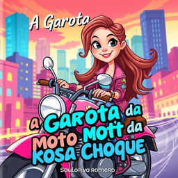 Illustration for a children's book cover titled 'A Garota da Moto Rosa Choque' by Saulo Piva Romero