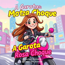 Illustration for a children's book cover titled 'A Garota da Moto Rosa Choque' by Saulo Piva Romero
