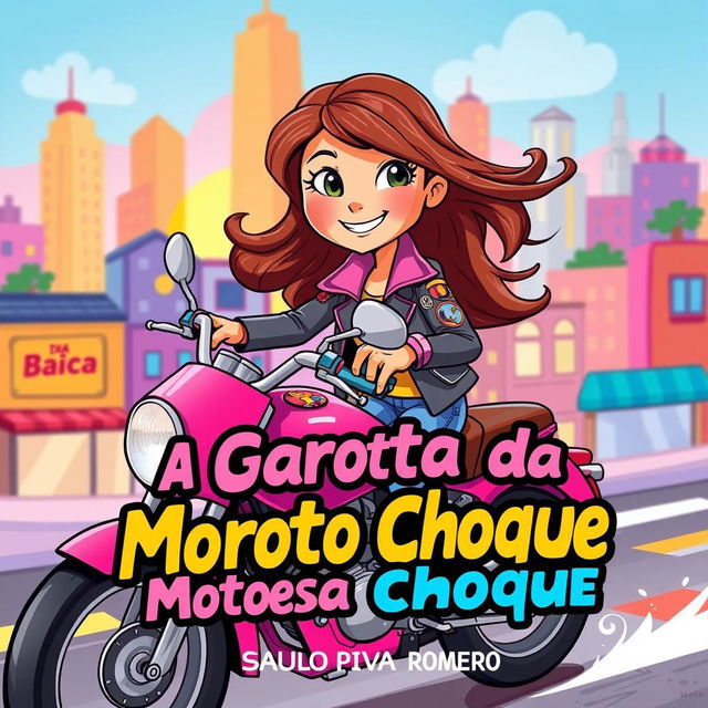 Illustration for a children's book cover titled 'A Garota da Moto Rosa Choque' by Saulo Piva Romero