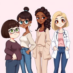 A delightful tic-style book cover featuring four young female characters illustrated in a cute 2D design