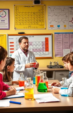A vibrant and engaging learning environment depicting a classroom scene with a passionate chemistry teacher explaining chemical reactions to Class X students