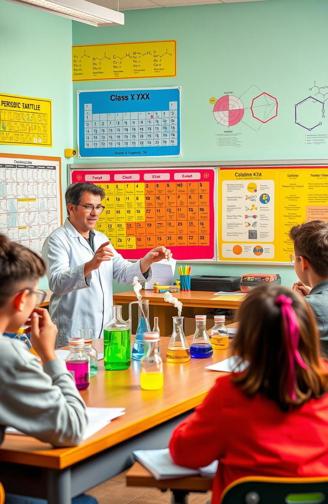 A vibrant and engaging learning environment depicting a classroom scene with a passionate chemistry teacher explaining chemical reactions to Class X students