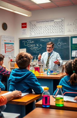 A vibrant and engaging learning environment depicting a classroom scene with a passionate chemistry teacher explaining chemical reactions to Class X students