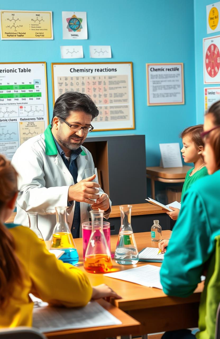 A vibrant and engaging learning environment depicting a classroom scene with a passionate chemistry teacher explaining chemical reactions to Class X students