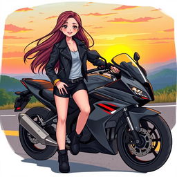 Illustration of a 19-year-old girl with a motorcycle, showcasing her stylish outfit and a confident posture