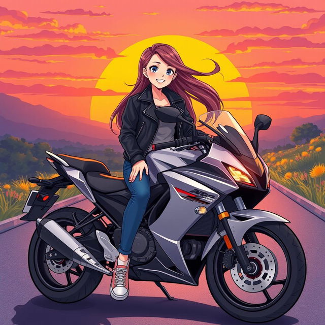 Illustration of a 19-year-old girl with a motorcycle, showcasing her stylish outfit and a confident posture