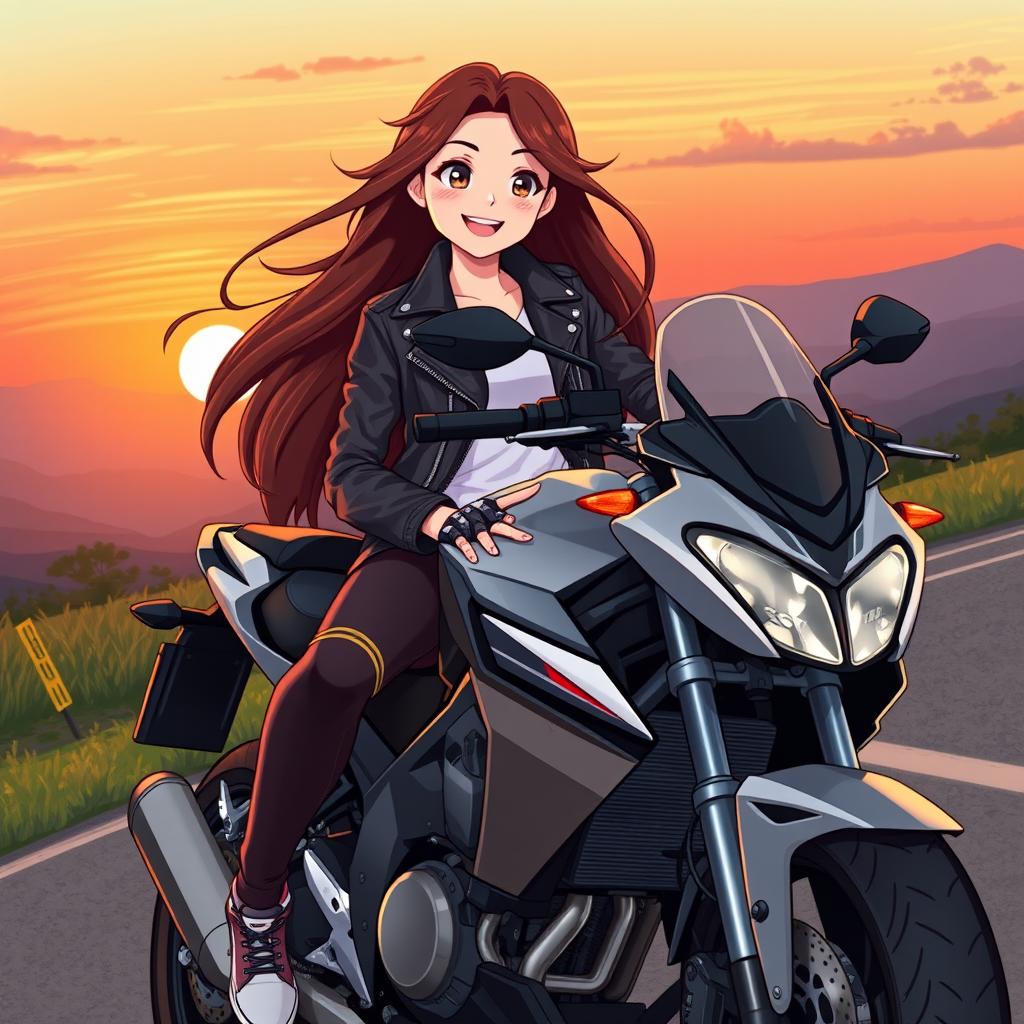 Illustration of a 19-year-old girl with a motorcycle, showcasing her stylish outfit and a confident posture