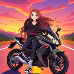 Illustration of a 19-year-old girl with a motorcycle, showcasing her stylish outfit and a confident posture