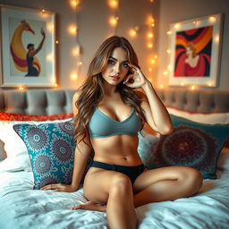 A sexy girl in her stylish bedroom, displaying an attractive and captivating facial expression while posing alluringly