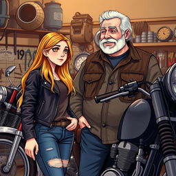 Illustration of a 19-year-old girl standing beside an older mechanic who is a rugged motorcyclist