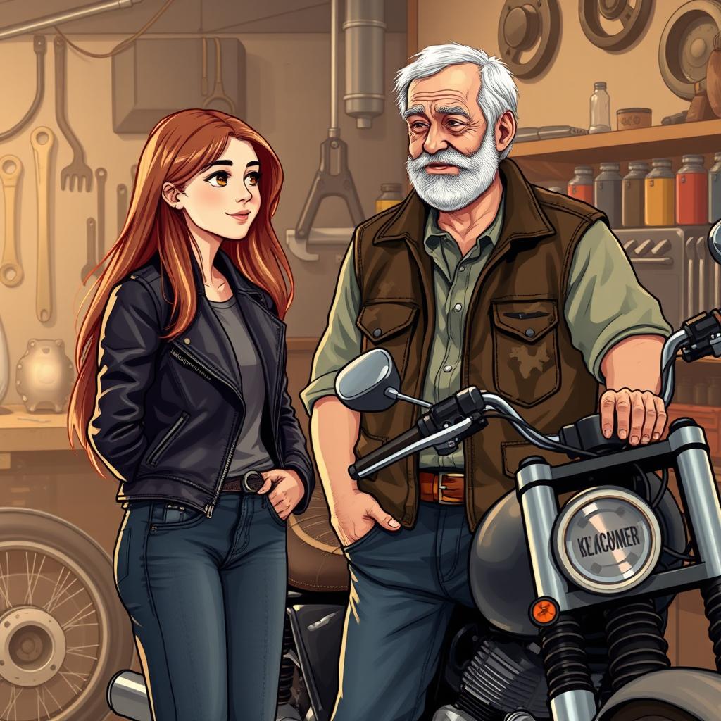 Illustration of a 19-year-old girl standing beside an older mechanic who is a rugged motorcyclist