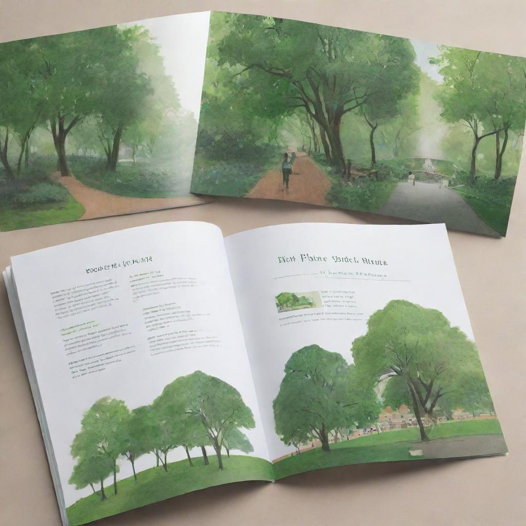 A visual design for a booklet highlighting a walking tour through the parks in KMV, incorporating lush greenery, serene walking paths, and notable landmarks