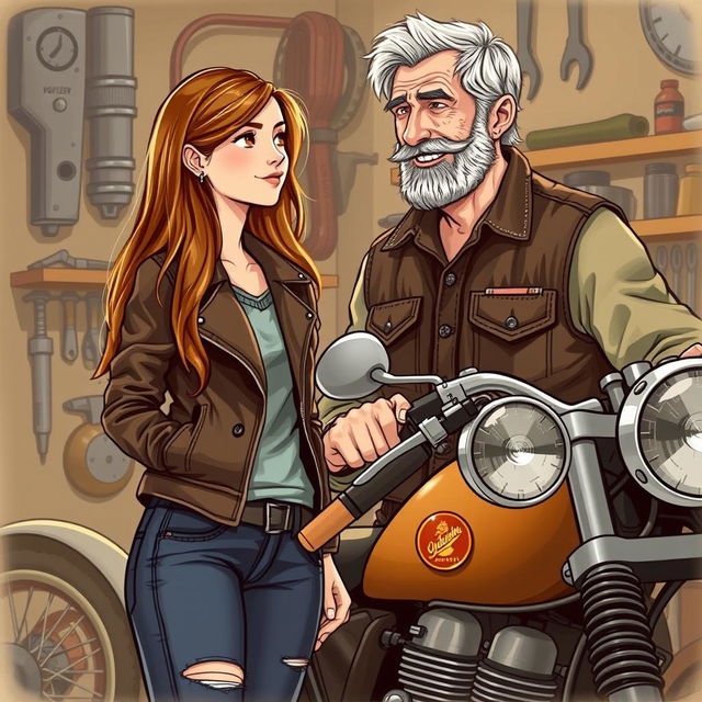 Illustration of a 19-year-old girl standing beside an older mechanic who is a rugged motorcyclist