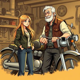 Illustration of a 19-year-old girl standing beside an older mechanic who is a rugged motorcyclist