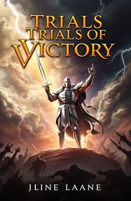A captivating book cover for 'Trials of Victory', showcasing a heroic character standing tall amidst a dramatic battlefield