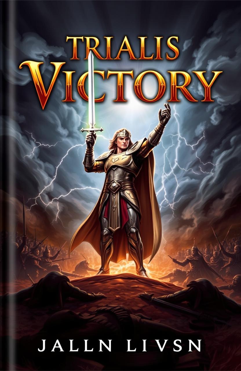 A captivating book cover for 'Trials of Victory', showcasing a heroic character standing tall amidst a dramatic battlefield