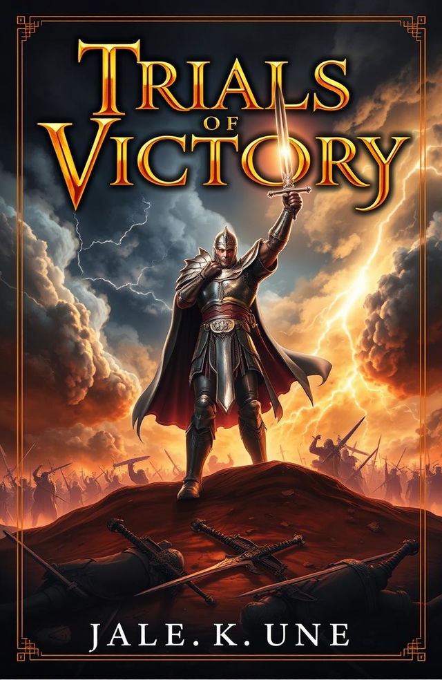 A captivating book cover for 'Trials of Victory', showcasing a heroic character standing tall amidst a dramatic battlefield