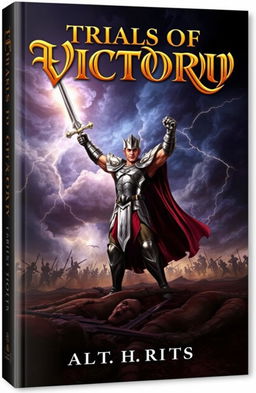 A captivating book cover for 'Trials of Victory', showcasing a heroic character standing tall amidst a dramatic battlefield