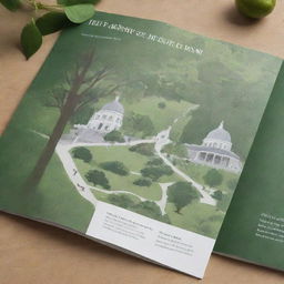 A visual design for a booklet highlighting a walking tour through the parks in KMV, incorporating lush greenery, serene walking paths, and notable landmarks