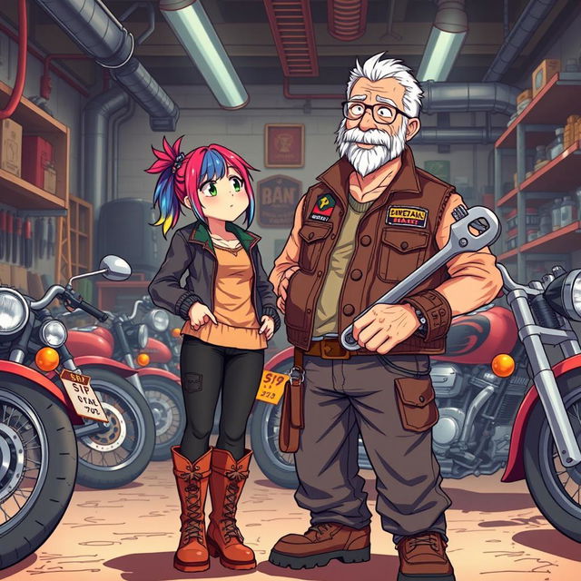 Anime-style illustration of a 19-year-old girl standing next to an older mechanic who is a rugged motorcyclist