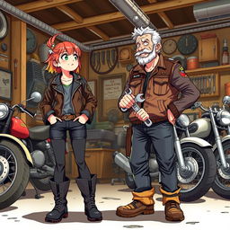 Anime-style illustration of a 19-year-old girl standing next to an older mechanic who is a rugged motorcyclist