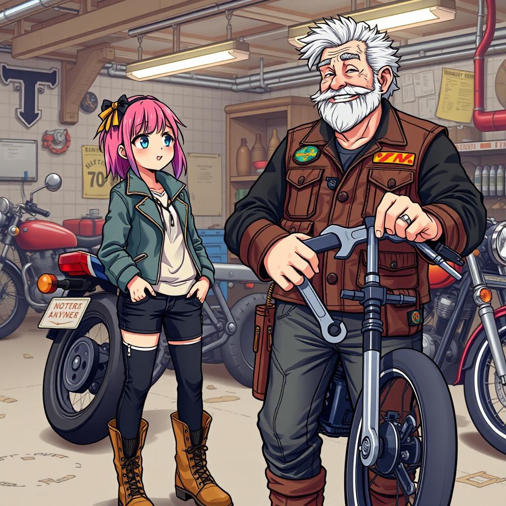 Anime-style illustration of a 19-year-old girl standing next to an older mechanic who is a rugged motorcyclist