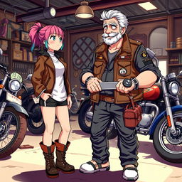 Anime-style illustration of a 19-year-old girl standing next to an older mechanic who is a rugged motorcyclist