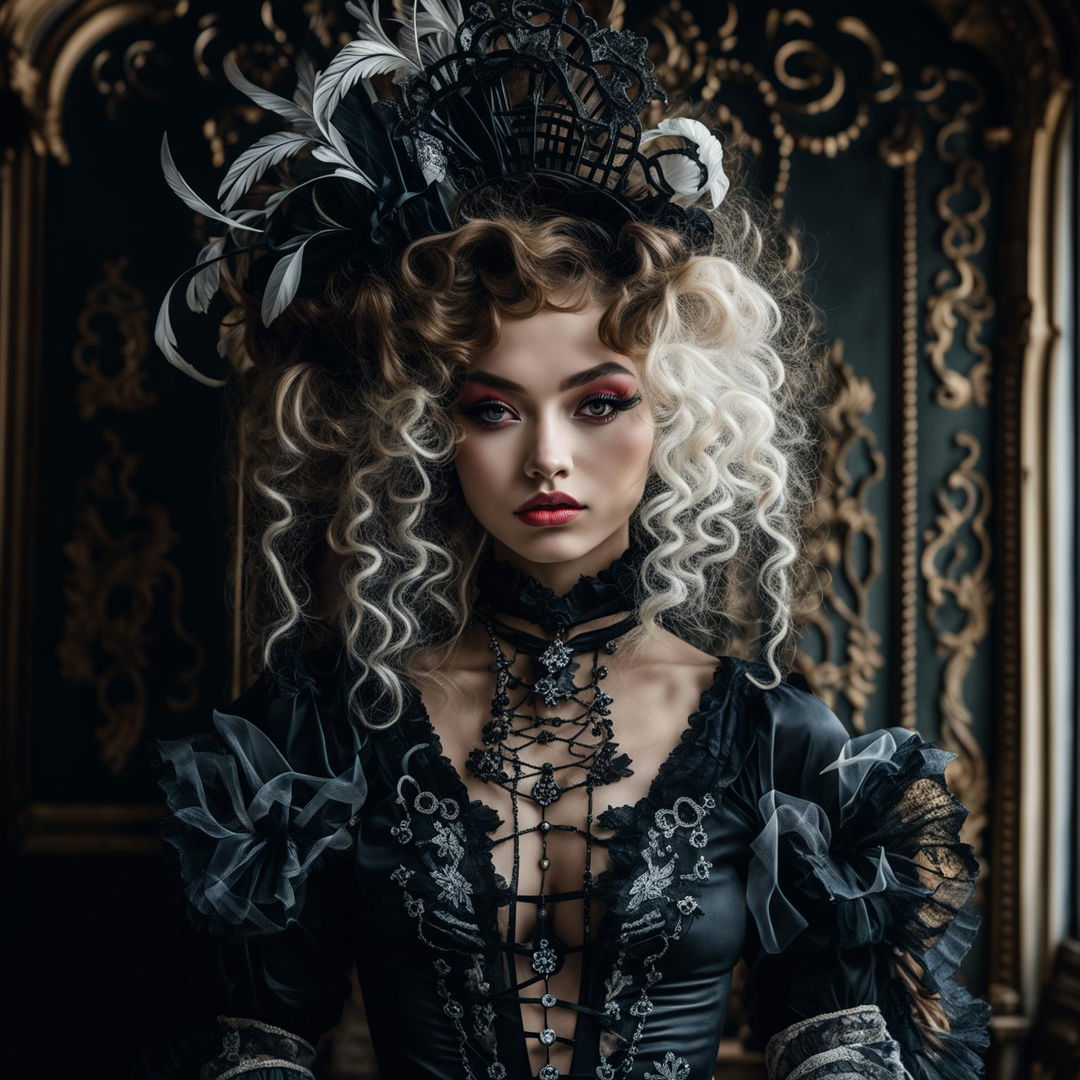 A photograph of a 19-year-old model with sanpaku eyes and circular irises in Rococo style with Gothic elements, featuring all white big Rococo hair, thick red lips, a corsetted waist, long eyelashes, and symmetrical facial features, dressed in a black dress, taken with a Sony Alpha a7R IV and Sony FE 90mm f/2