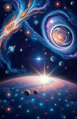 A vibrant and mystical representation of the universe, showcasing a vast, star-filled sky with swirling galaxies and nebulae