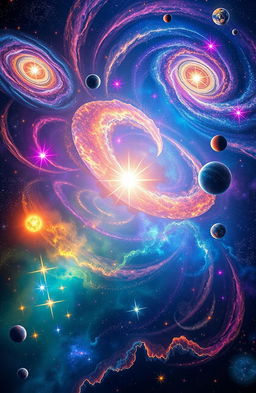 A vibrant and mystical representation of the universe, showcasing a vast, star-filled sky with swirling galaxies and nebulae
