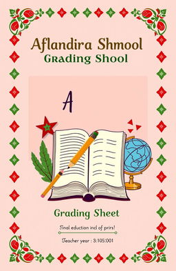 A grading sheet cover designed for an English teacher at Aflandra Middle School in Morocco, featuring a beautiful layout that includes the name 'Aflandra Middle School' prominently at the top